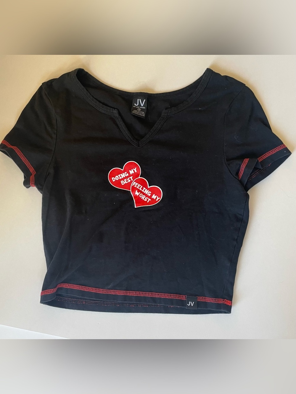 Jac Vanek Black Cotton Cropped Short-Sleeve Baby Tee with Red Heart Patches